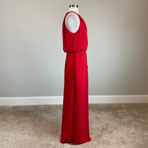 Xscape Red Chiffon Evening Gown Size 8 Cut Out Thigh Slit Ruffled Formal Dress - Picture 3 of 13